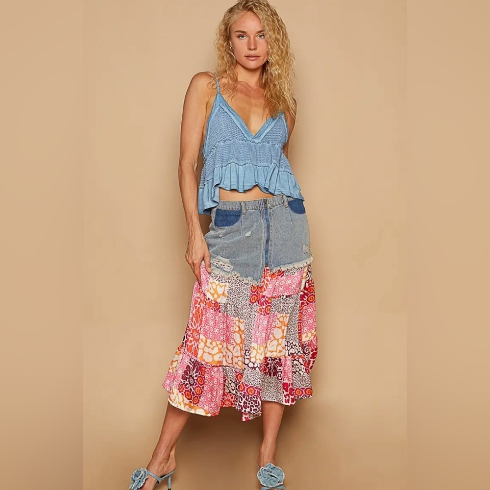 POL Printed Woven Contrast Denim Skirt Size Large NEW - Picture 2 of 7